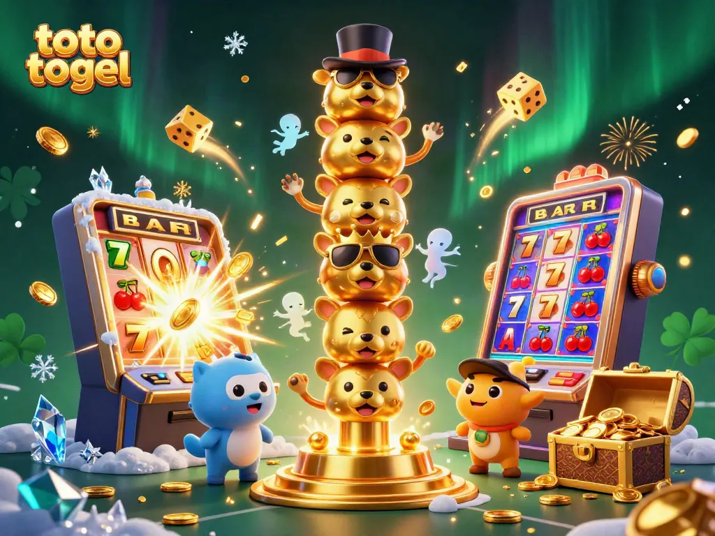 Gambarkan toto togel dengan totem hewan berwarna emas, mesin slot, dan koin berjatuhan.