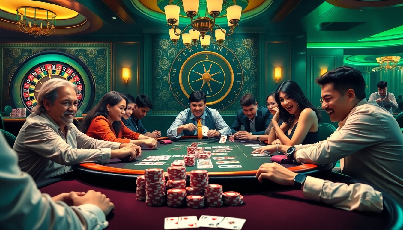 Pemain berpartisipasi dalam permainan situs idn poker yang mendebarkan di meja kasino mewah.