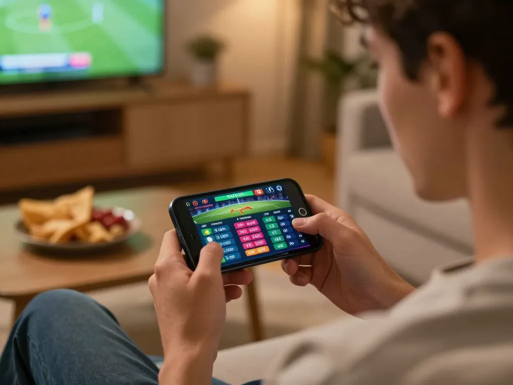 Person using tg88 for live sports betting on a smartphone, immersed in the game.
