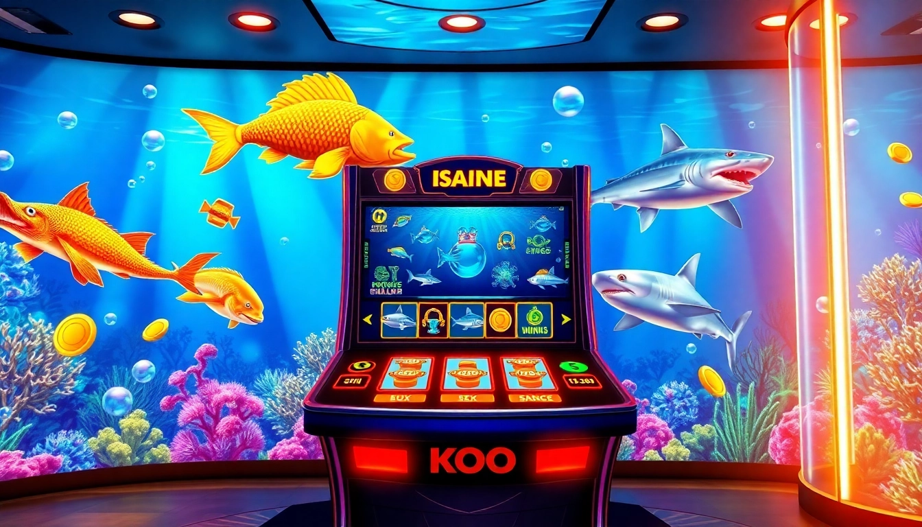 Bắn cá đổi thưởng game scene with vibrant fish, a modern gaming console, and glowing jackpot indicators.