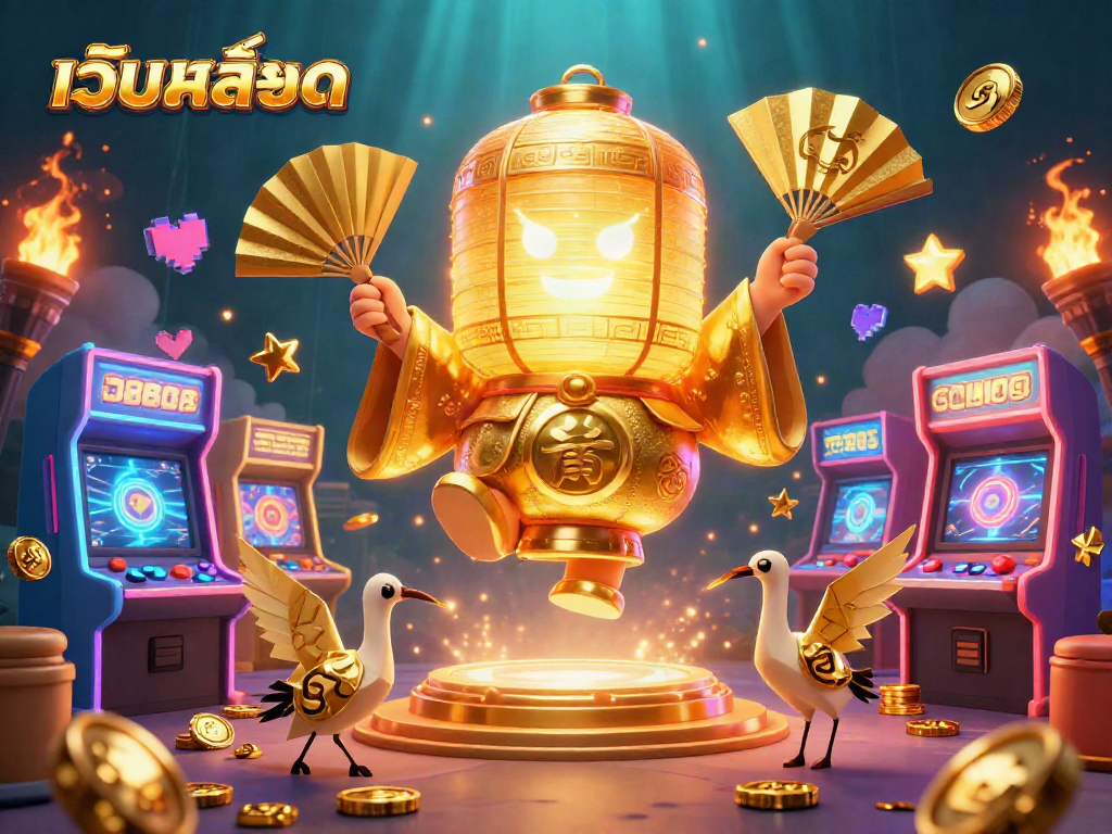 Engaging 3D illustration of เว็บสล็อต featuring a golden lantern spirit against a dynamic casino backdrop.