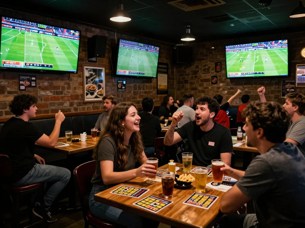 Xoilactv fans engaging in sports betting at a lively bar during live football matches.