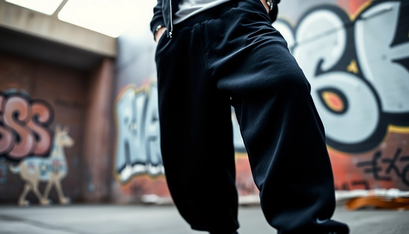 Model showcases black baggy sweatpants in a trendy urban environment.