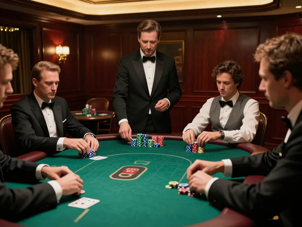 Permainan poker dengan taruhan tinggi di kasino mewah yang menunjukkan strategi di 88Pulsa.