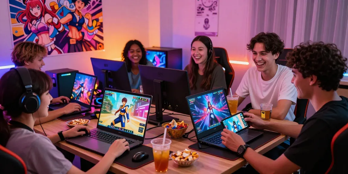 Exciting group of friends engaging in a multiplayer hentai game on various devices in a colorful gaming room.
