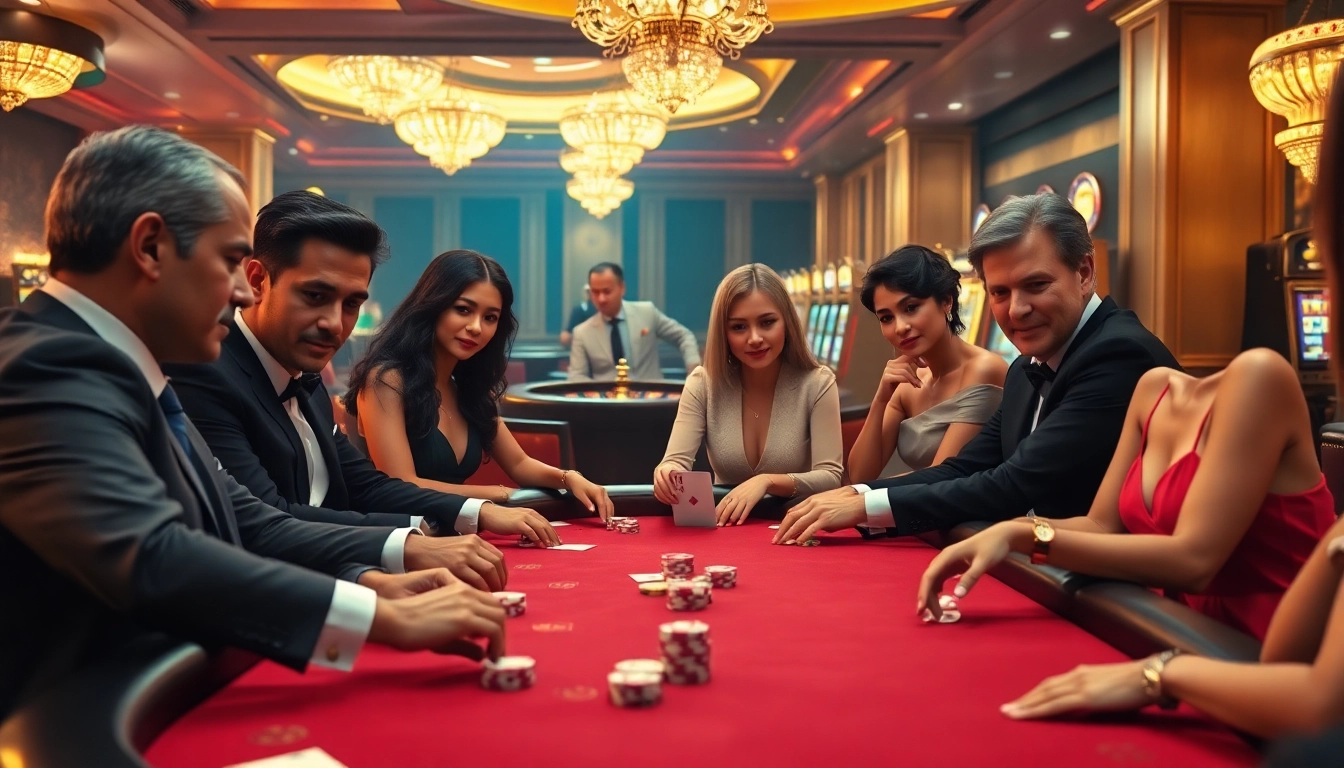 KJC poker table with players in an upscale casino atmosphere showcasing excitement and strategy.