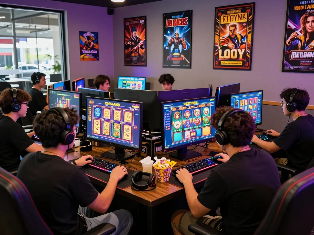 Pemain yang antusias menikmati permainan situs slot gacor di lounge permainan yang meriah.