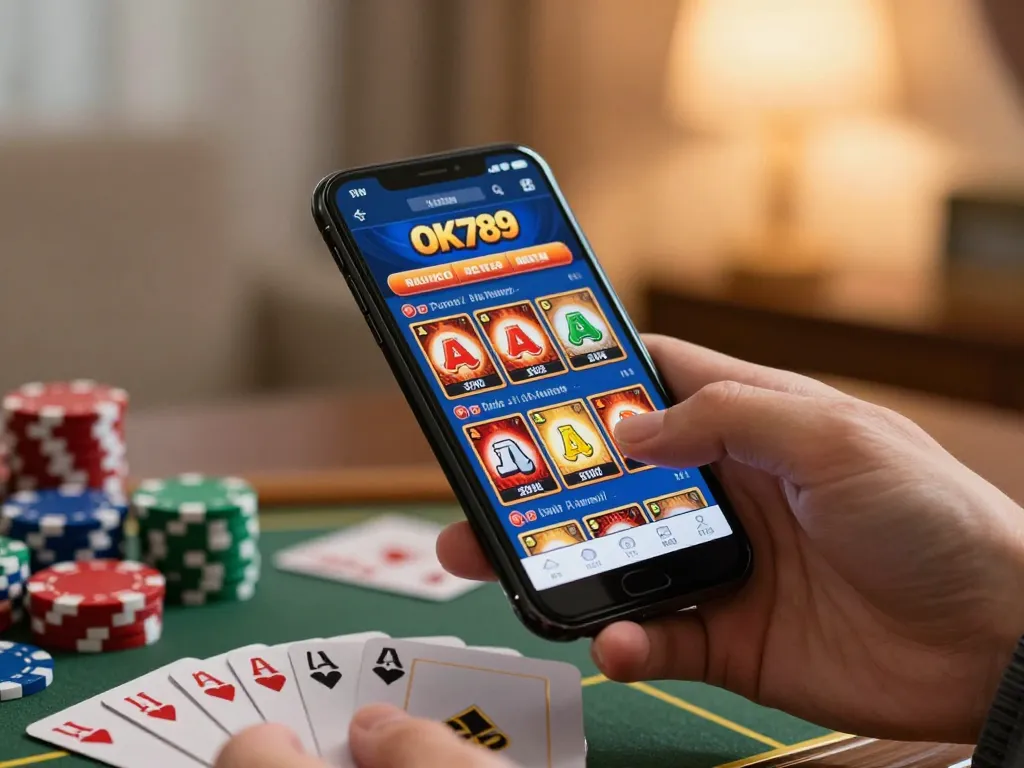 Player engaged in online gaming with the OK789 app, emphasizing mobile betting excitement.