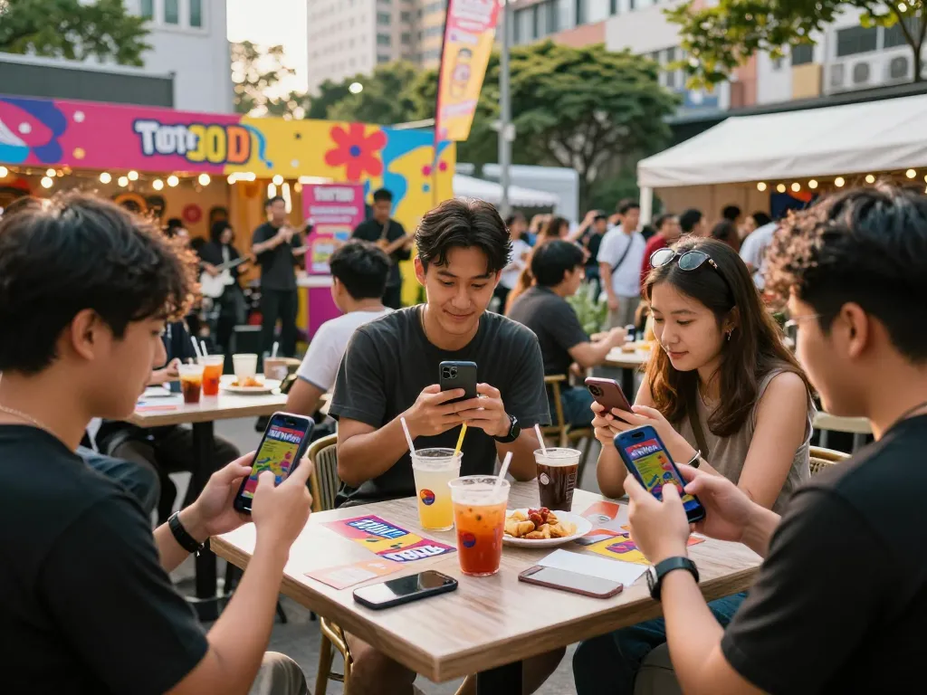 BAYITOTO outdoor event celebrating Toto 4D games at a vibrant café, showing friends engaged in gaming and festivities.