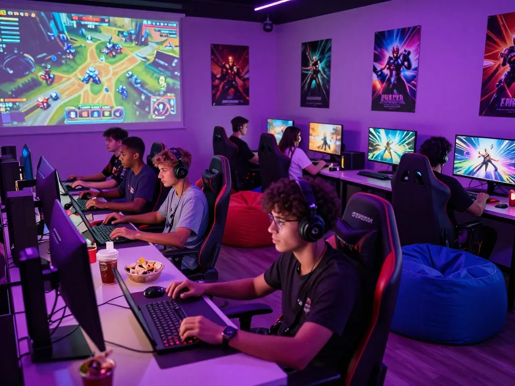 Engaged gamers in a vibrant gaming lounge, exploring various games; mantra88 login highlighted in immersive experience.