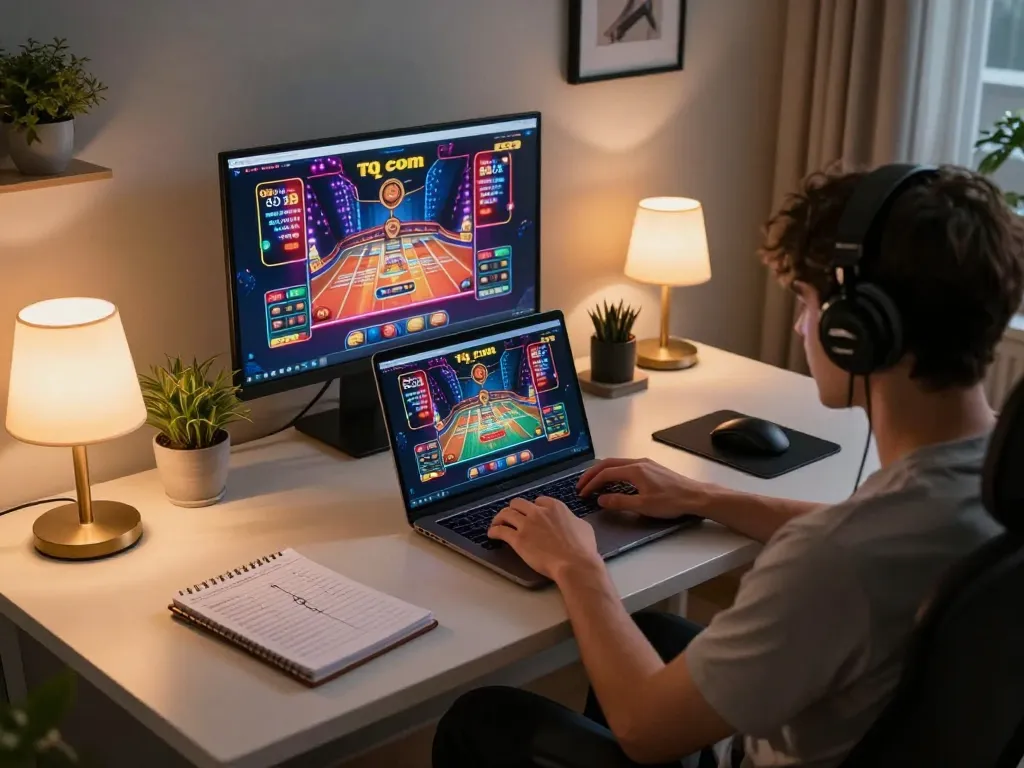 Engaging online gaming experience at atq com showing player using laptop with strategic notes nearby.