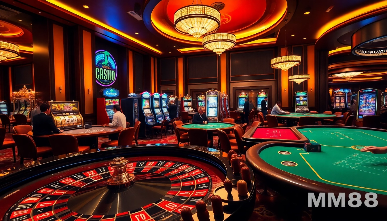 Experience the thrilling atmosphere of MM88.today featuring vibrant slot machines and luxurious casino tables.