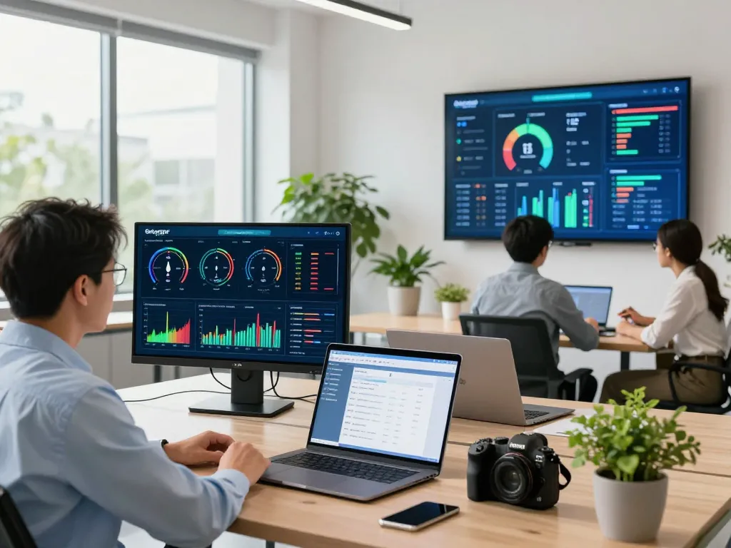 Engineer analyzing Schneider Electric energy solutions with smart technology in modern office.