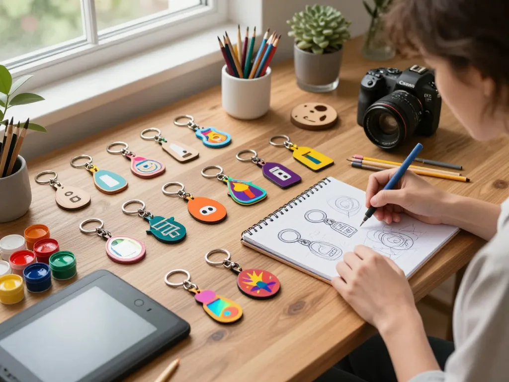 Engaging workspace featuring colorful custom key chains in various designs with a designer sketching ideas.