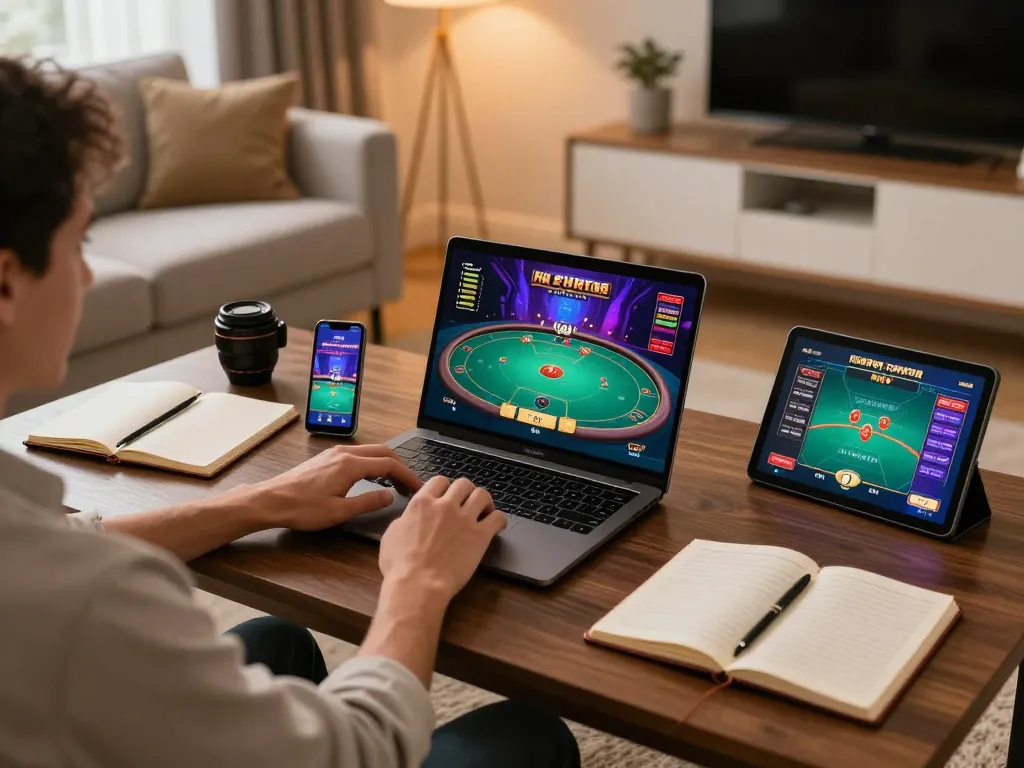 Engaging in a TG88 online poker game at a stylish home setup with modern devices and strategic notes.