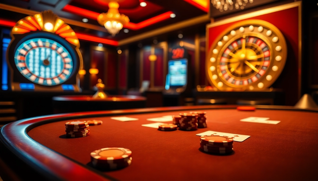 Scène d'action de casino en ligne mettant en vedette des tables de poker, des roues de roulette et des machines à sous vibrantes.