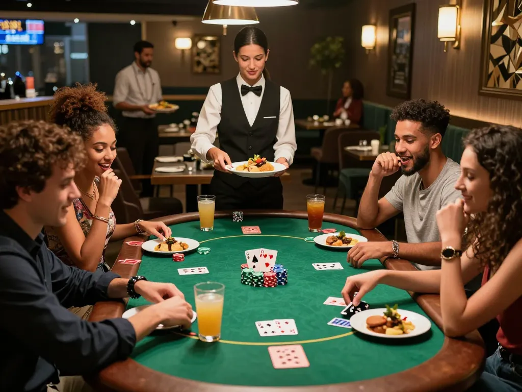Guests enjoying a vibrant poker night at Pokerseri restaurant filled with delicious food and lively atmosphere.