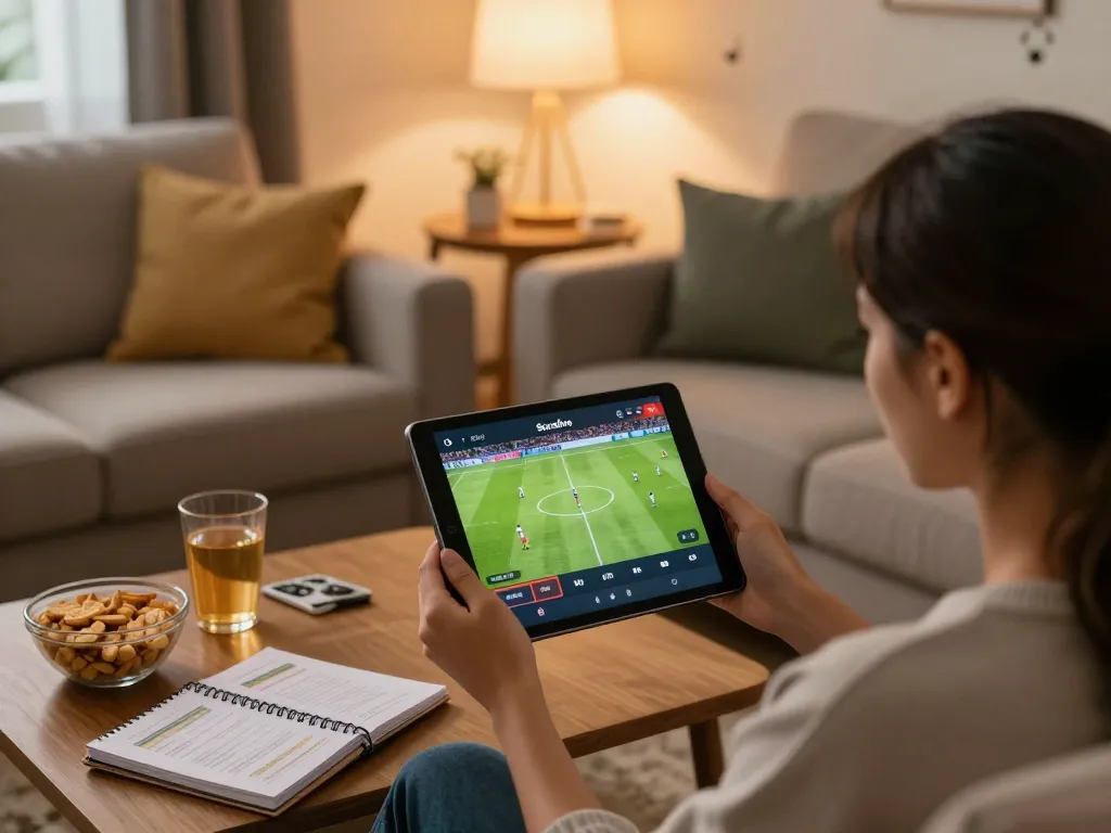 Socolive tv streaming football match on tablet in a cozy living room, offering engaging entertainment for fans.