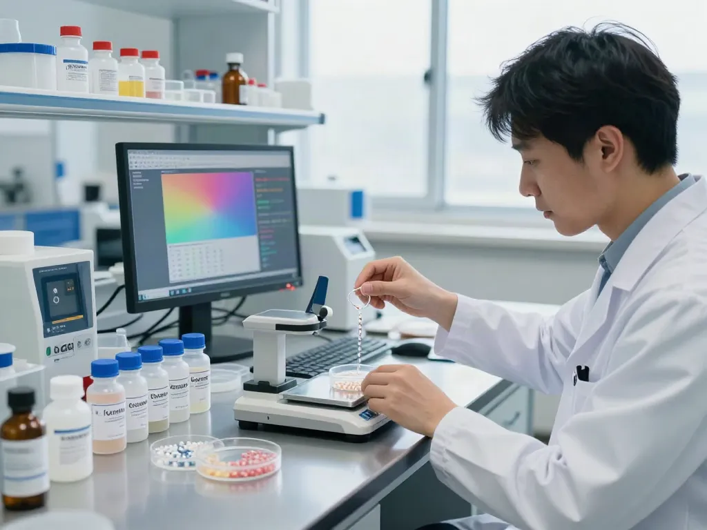 Scientist measuring Swiss Chems peptides in a bright laboratory.