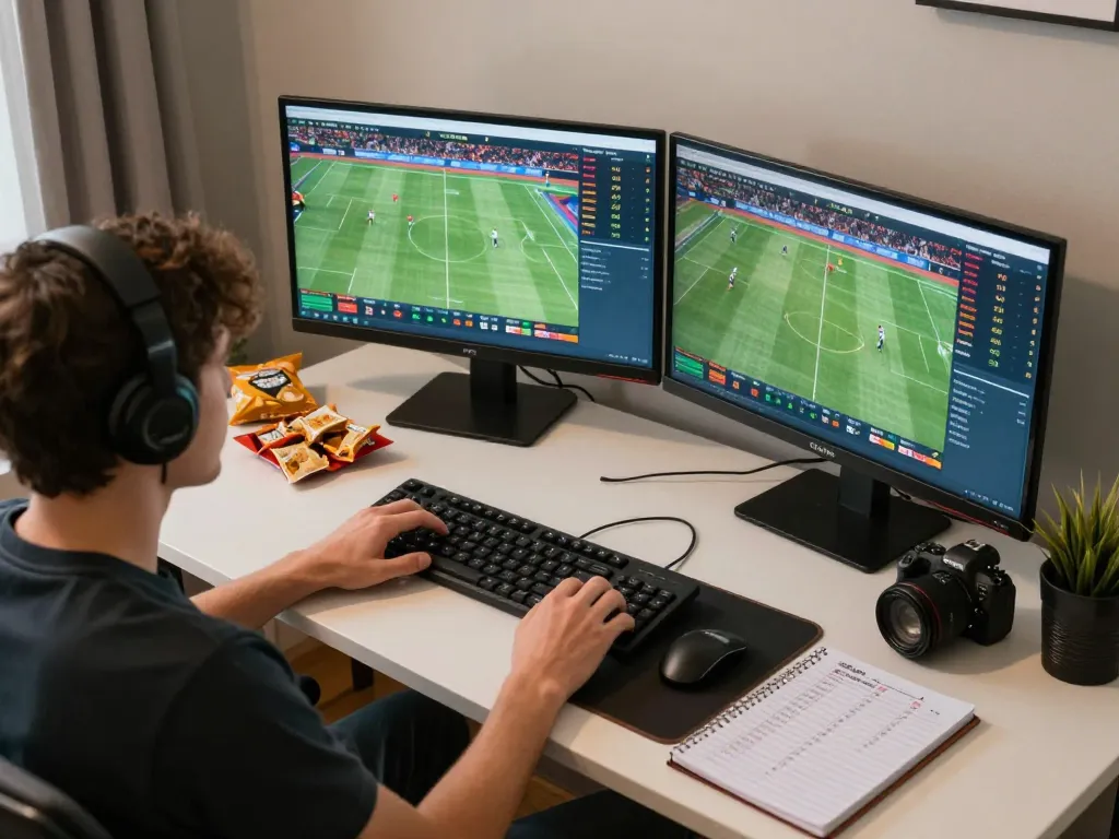Online sports betting setup with person analyzing odds and making bets, emphasizing strategic engagement in giường bệnh nhân gaming.