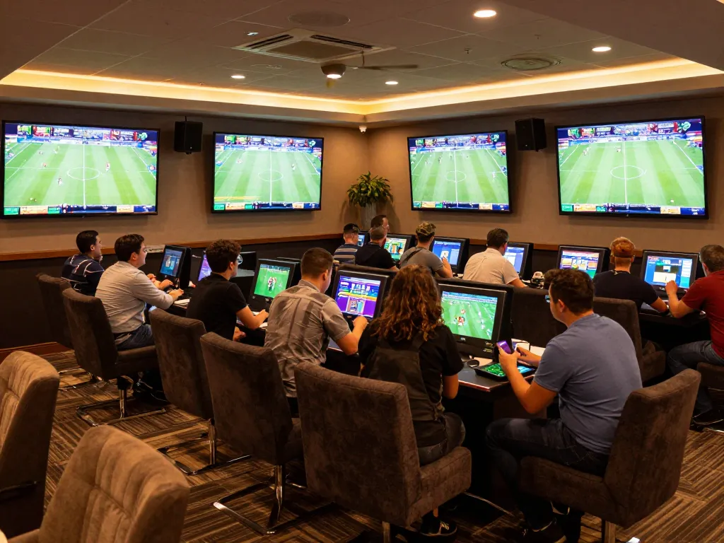 KQBD updates in action, exciting sports betting atmosphere with engaged bettors and live match displays