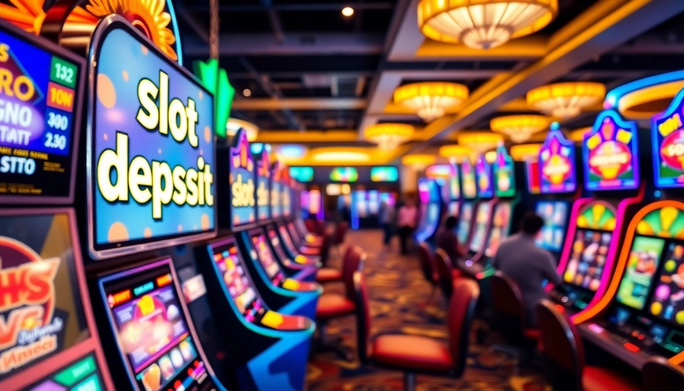 Taruhan penuh semangat di mesin slot deposit 1k dengan suasana kasino yang ramai dan mengundang.