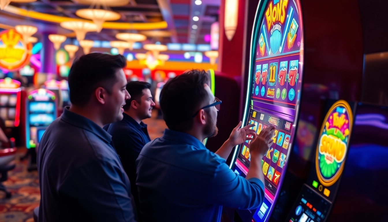 Putar igamble247 slot di kasino yang ramai dengan simbol cerah dan pemain bersemangat.