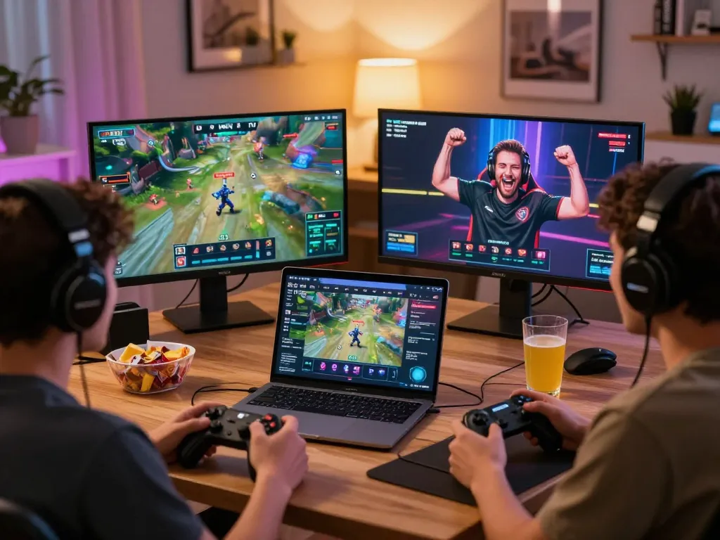 Active gaming scene with participants enjoying okwintv trực tiếp esports streaming in a lively home setup, creating a dynamic social atmosphere.