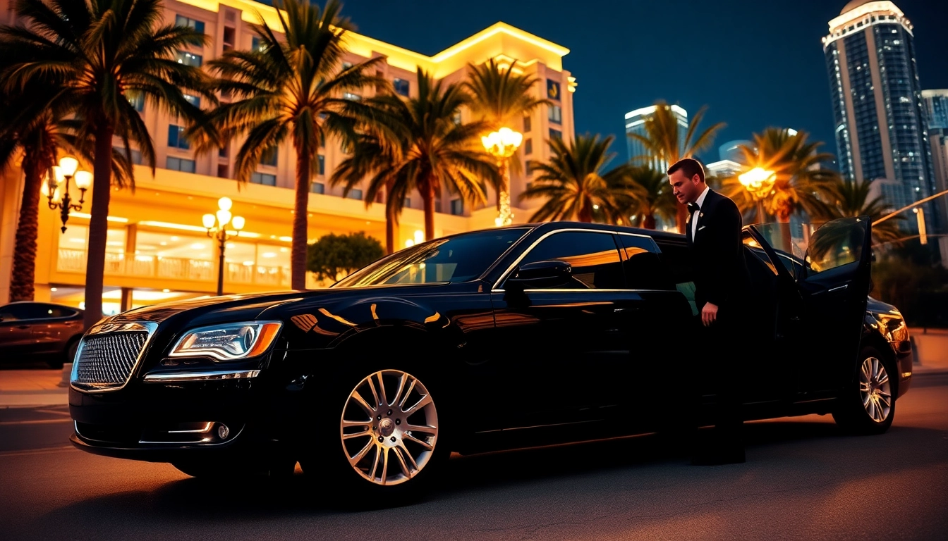 Luxurious LA Limo service featuring a sleek black stretch limousine outside a high-end Los Angeles hotel.