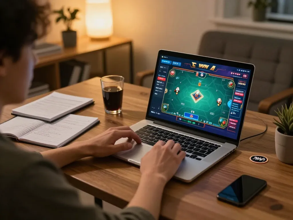 Engaging in online poker at 3Win from a stylish home office, highlighting strategic gameplay.