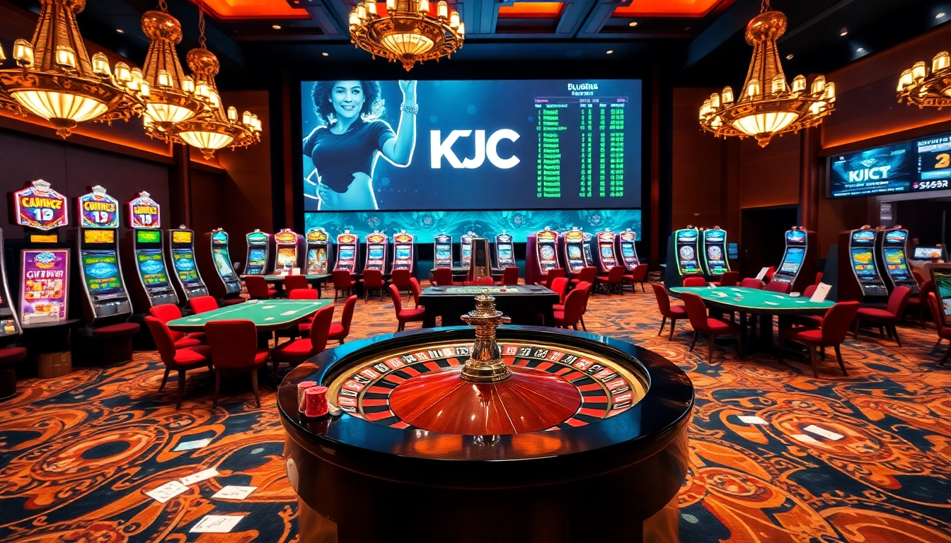 KJC casino scene with vibrant slot machines, poker tables, and warm lighting.