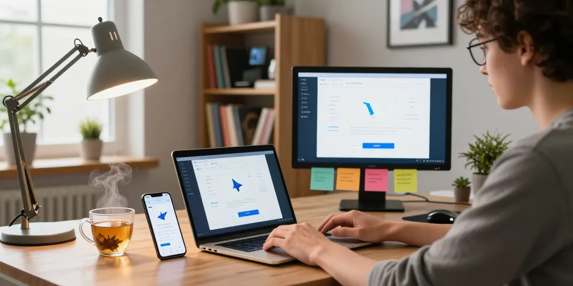 Downloading 纸飞机下载 app on a cozy home office setup, modern desk with laptop and tech gadgets.