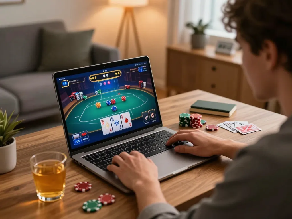 Playing a card game at the best widget store from the comfort of home, showcasing strategic poker moves.