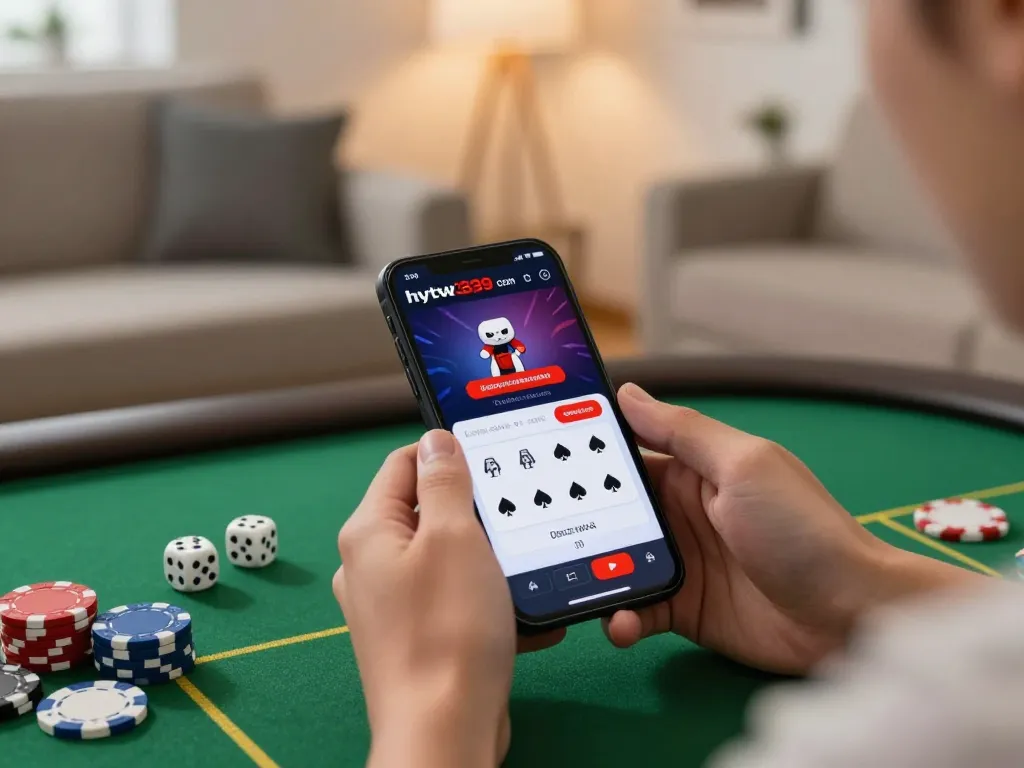 Engaging with hytw3339 com on a smartphone in a stylish living room setting.