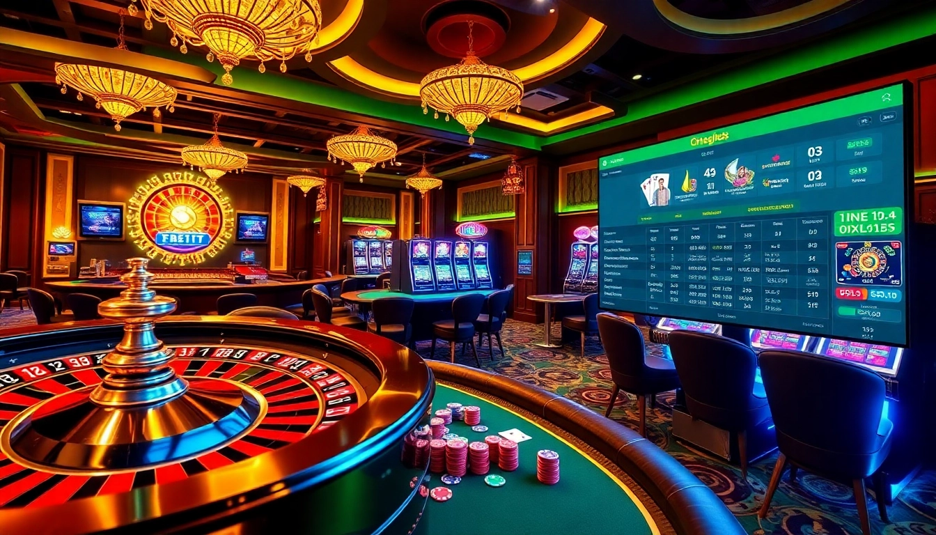 Engaging casino visuals featuring link alternatif onicplay with poker tables, roulette wheels, and vibrant slot machines.