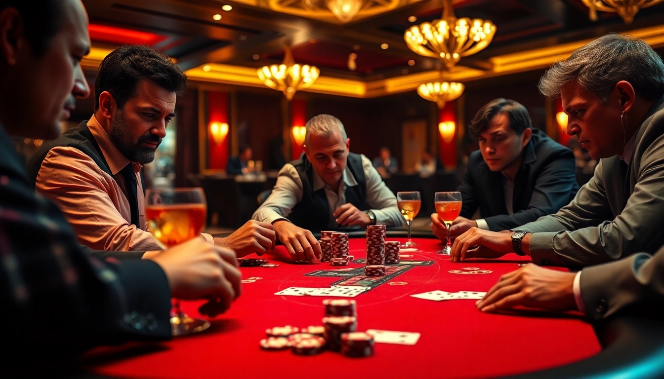 Taruhan besar di meja poker dengan pemain berkonsentrasi pada kartu mereka di ibet44.