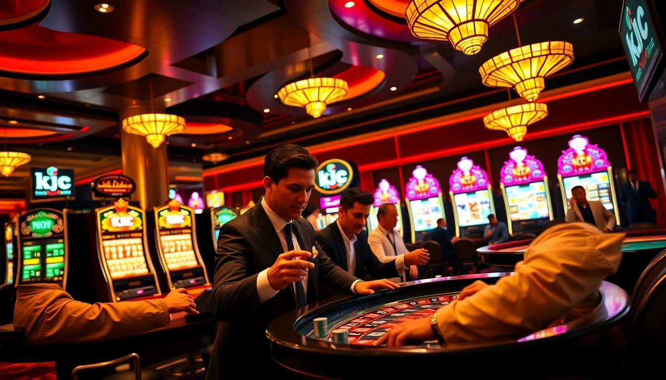 Gamblers enjoying an exciting experience at KJC casino tables, surrounded by vibrant machines.