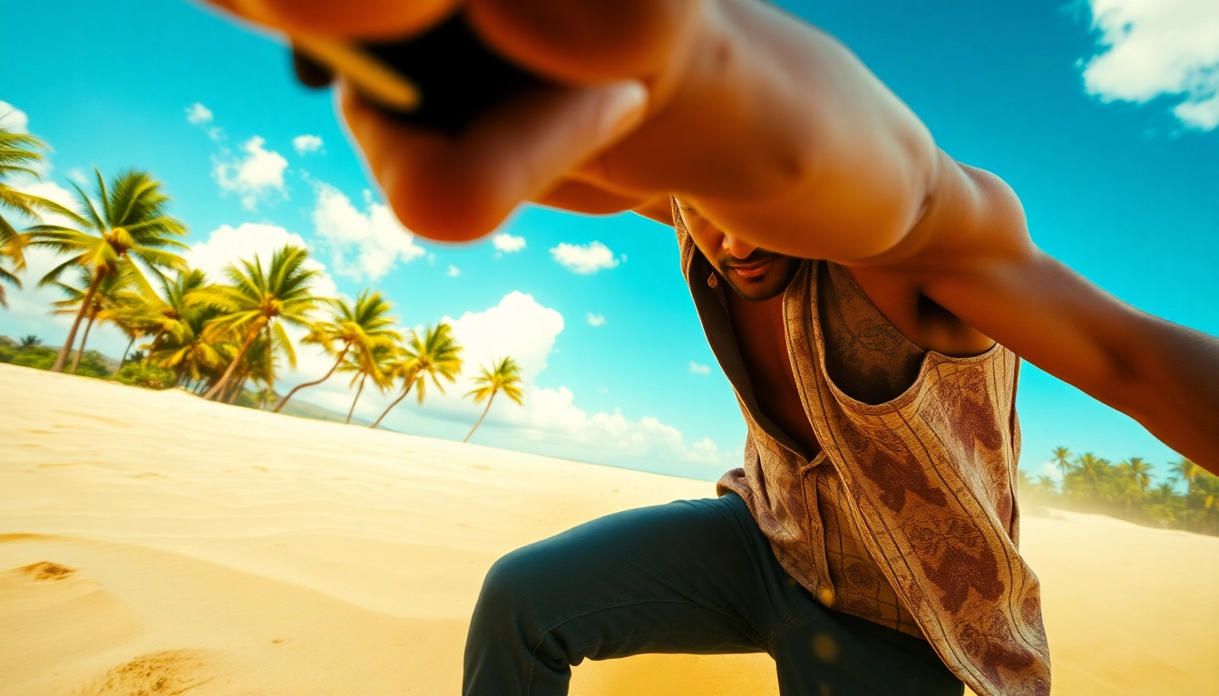 Action scene from Aloha and Bullets where Leroy Silver dodges bullets on a Hawaiian beach