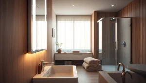 Admire a beautifully designed bathroom featuring sirhona France products, including an elegant LED mirror.