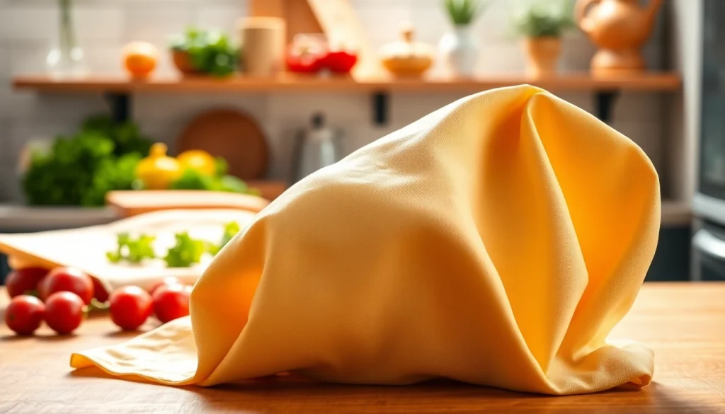 Verfijnde kaasdoek op een houten aanrecht met verse ingrediënten en kruiden.