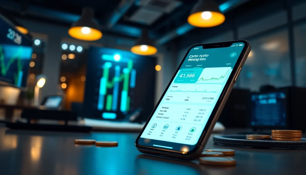 Engaging display of a crypto mining app on a smartphone showcasing real-time statistics and digital currency.