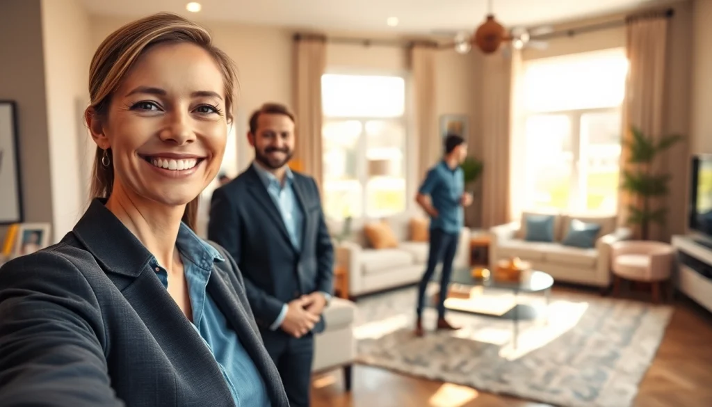 Showcasing a real estate agent engaging visitors in a modern home setting.