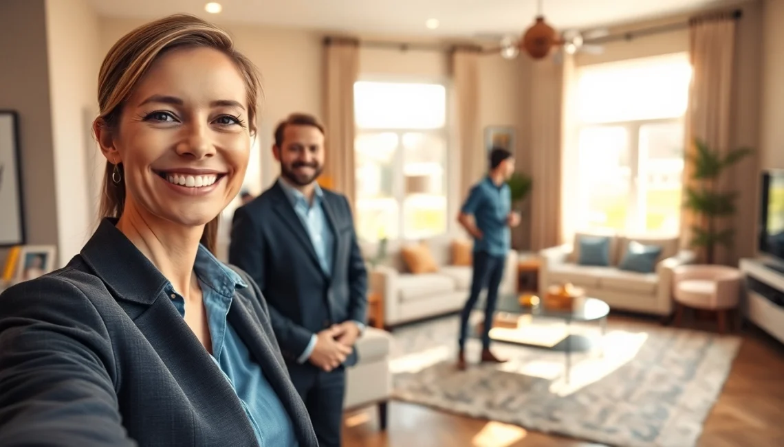 Showcasing a real estate agent engaging visitors in a modern home setting.