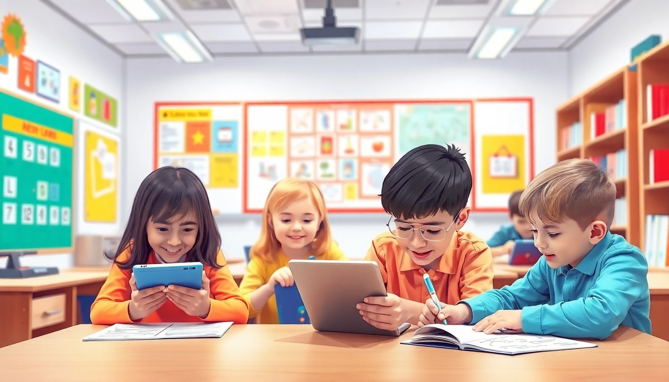 Engaged children learning in a colorful classroom setting emphasizing Education.