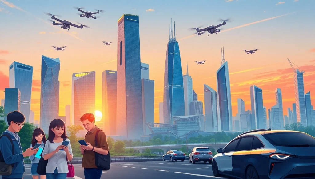 Technology-driven cityscape showcasing people using devices in a futuristic setting.