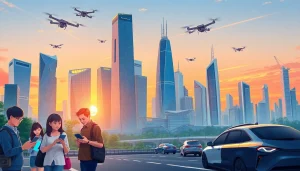 Technology-driven cityscape showcasing people using devices in a futuristic setting.