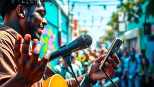 Musician using MV88 microphone to perform passionately in a vibrant street festival setting.