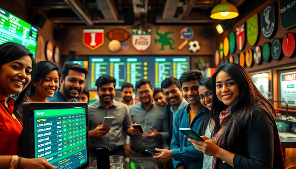 Excited group placing bets at sports betting sites India with digital screens displaying odds.