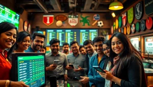 Excited group placing bets at sports betting sites India with digital screens displaying odds.