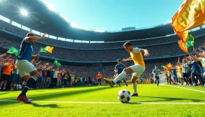 축구중계 시청 중 관중과 선수들의 열광적인 모습